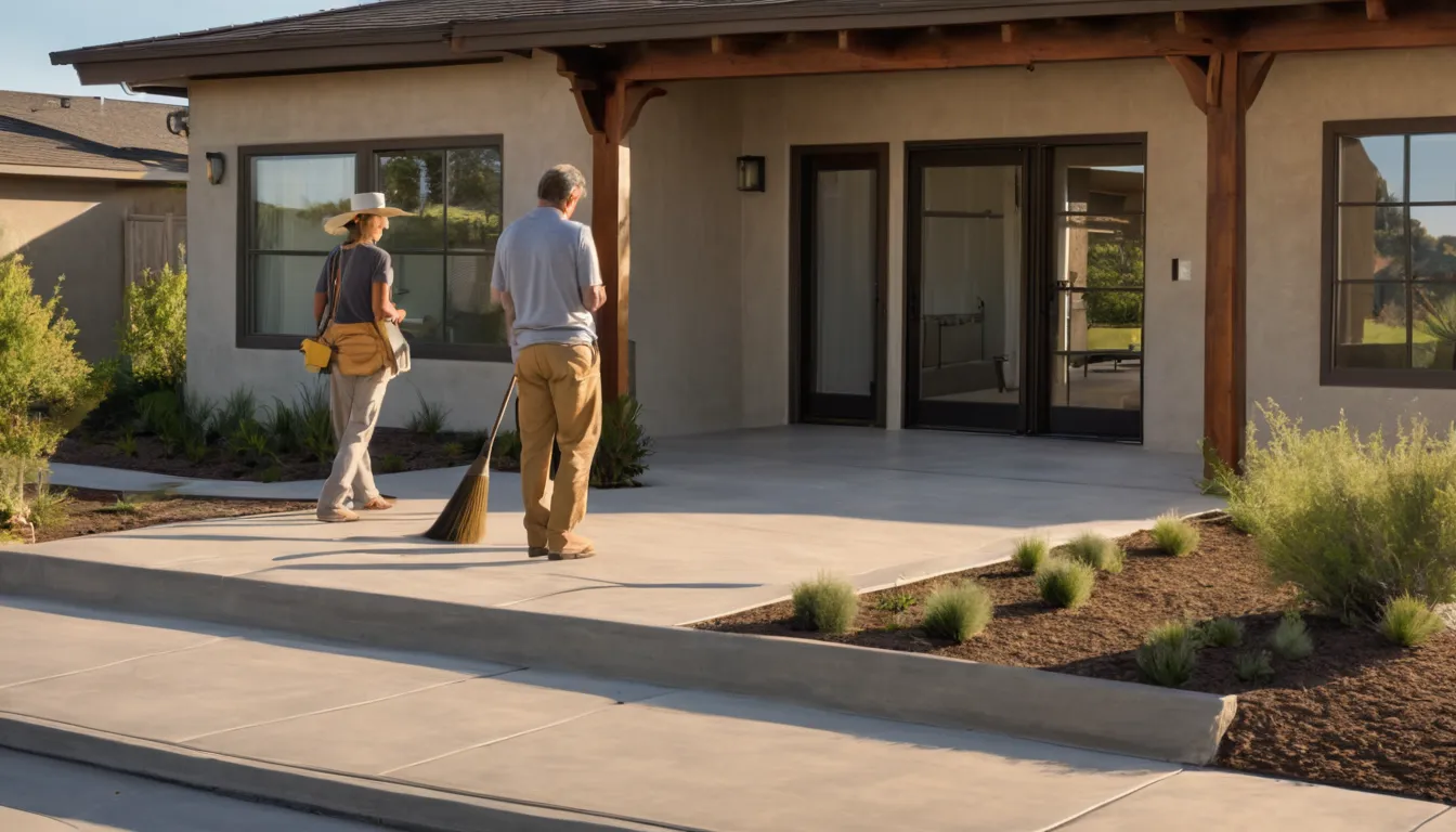 A newly poured concrete patio behind a stucco ranch home in American Canyon