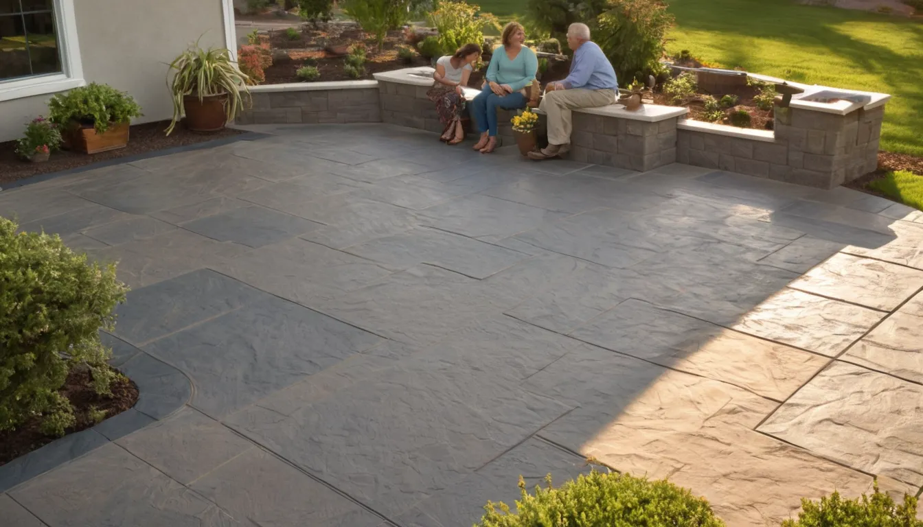 Stamped concrete patio with a slate pattern behind a stucco home in American Canyon